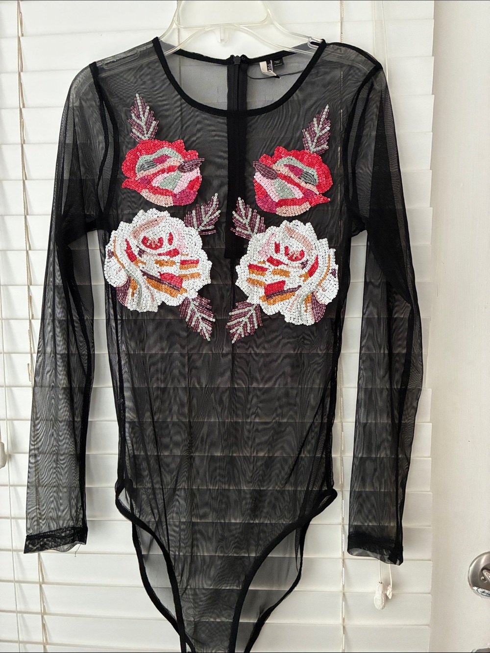 Topshop Mesh long sleeve Bodysuit Top Floral Appliqués Black SZ S